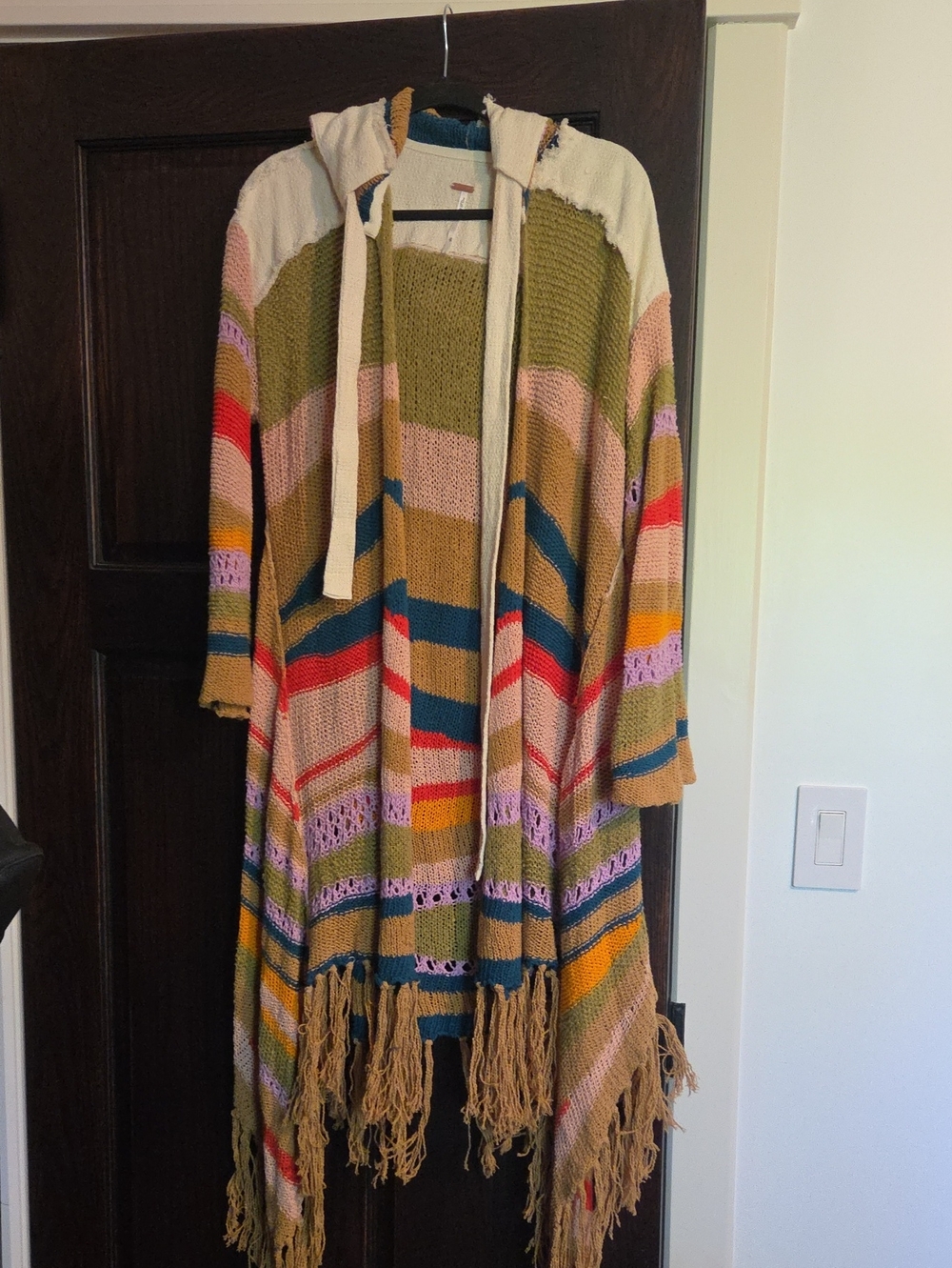 Free People Multicolor Hooded Fringe Knit Cardigan